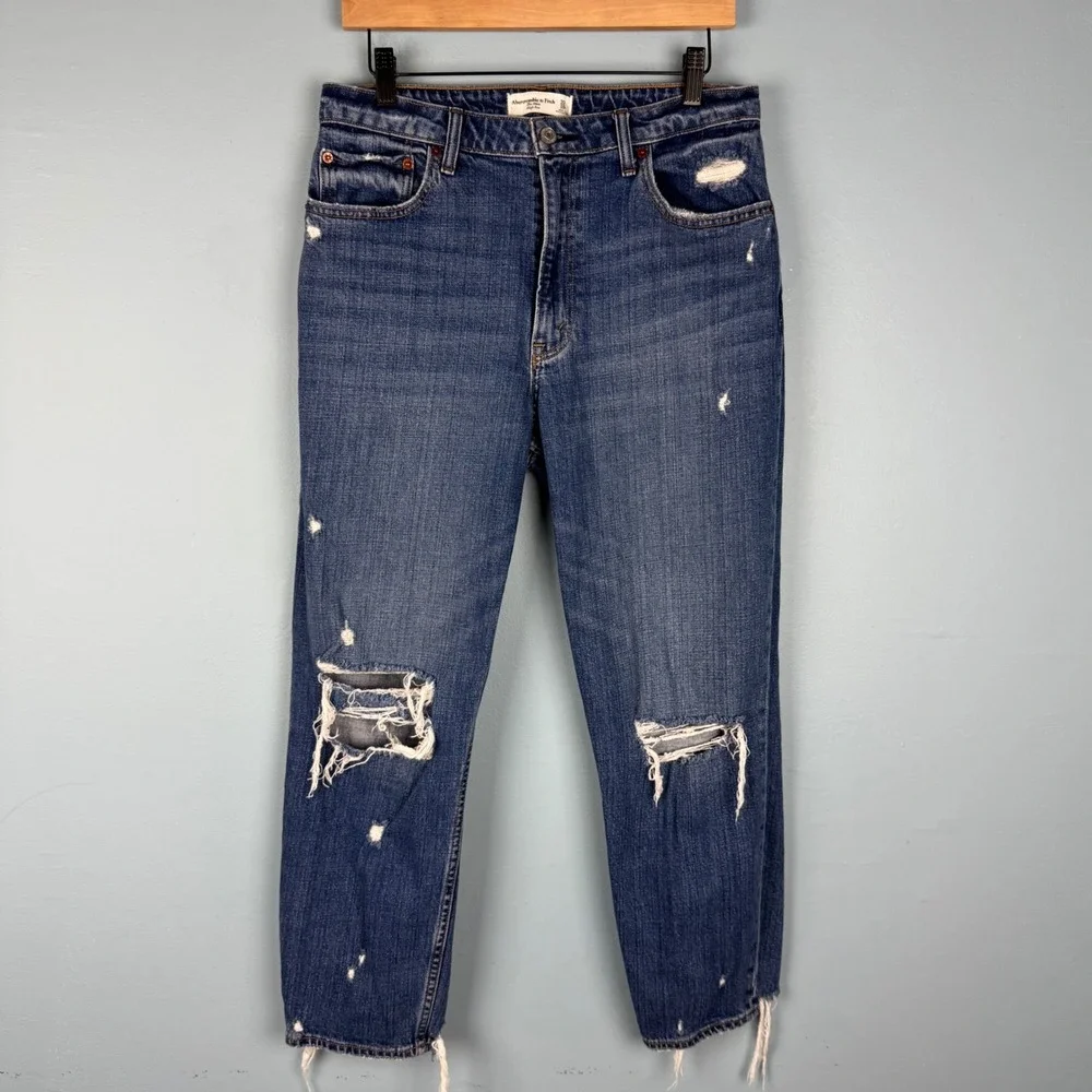 Abercrombie & Fitch‎ Women's 30 10R Blue Mom High Rise Jeans Distressed Raw Hem